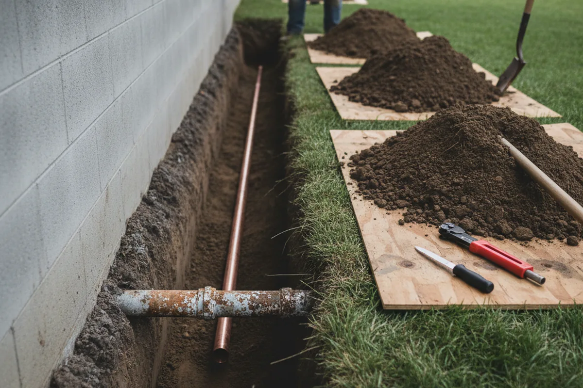 Excavated water line trench during Water Softener Installation in Hoffmeister